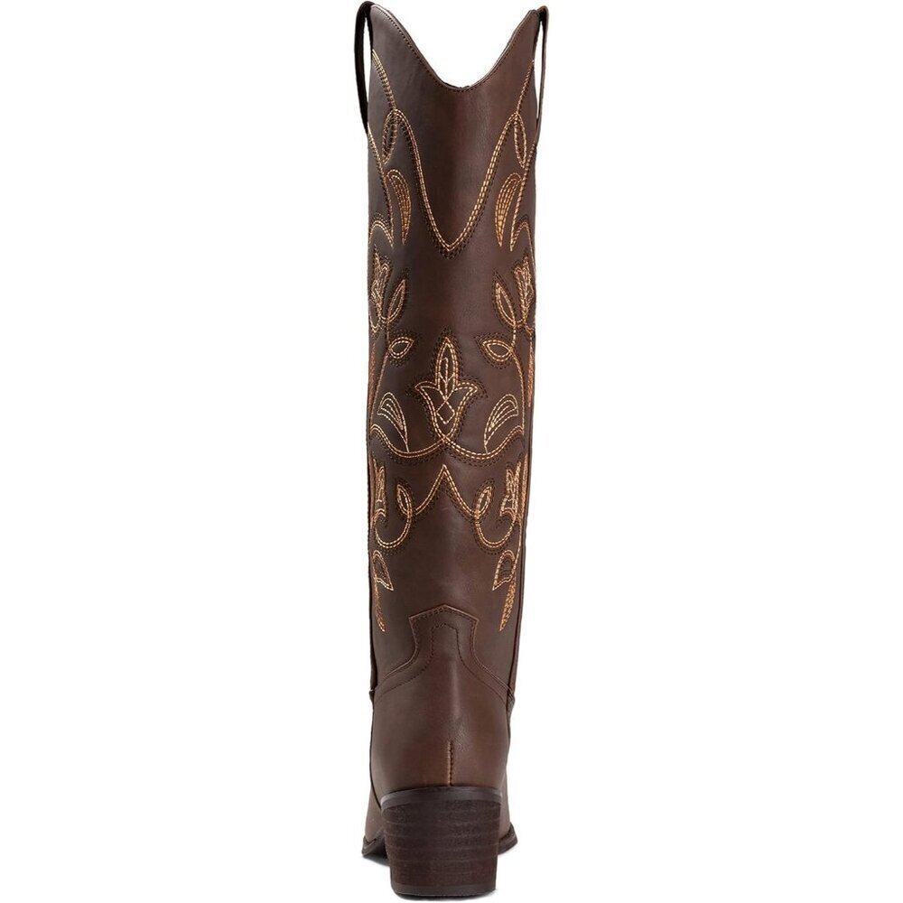 Women's Brown Pointy Toe Faux Leather Western Cowgirl Mid Calf Boots - Picture 5 of 6